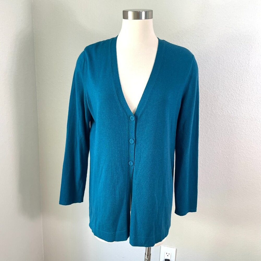 J Jill Womens Medium‎ Teal Three Button Cardigan Long Sleeve Knit Top Wool Blend
